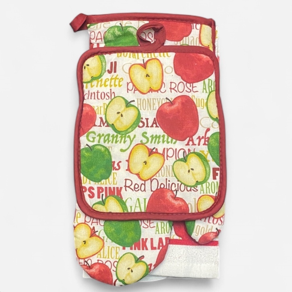 Apple Print Oven Mitt and Pot Holder Kitchen Set NWOT
